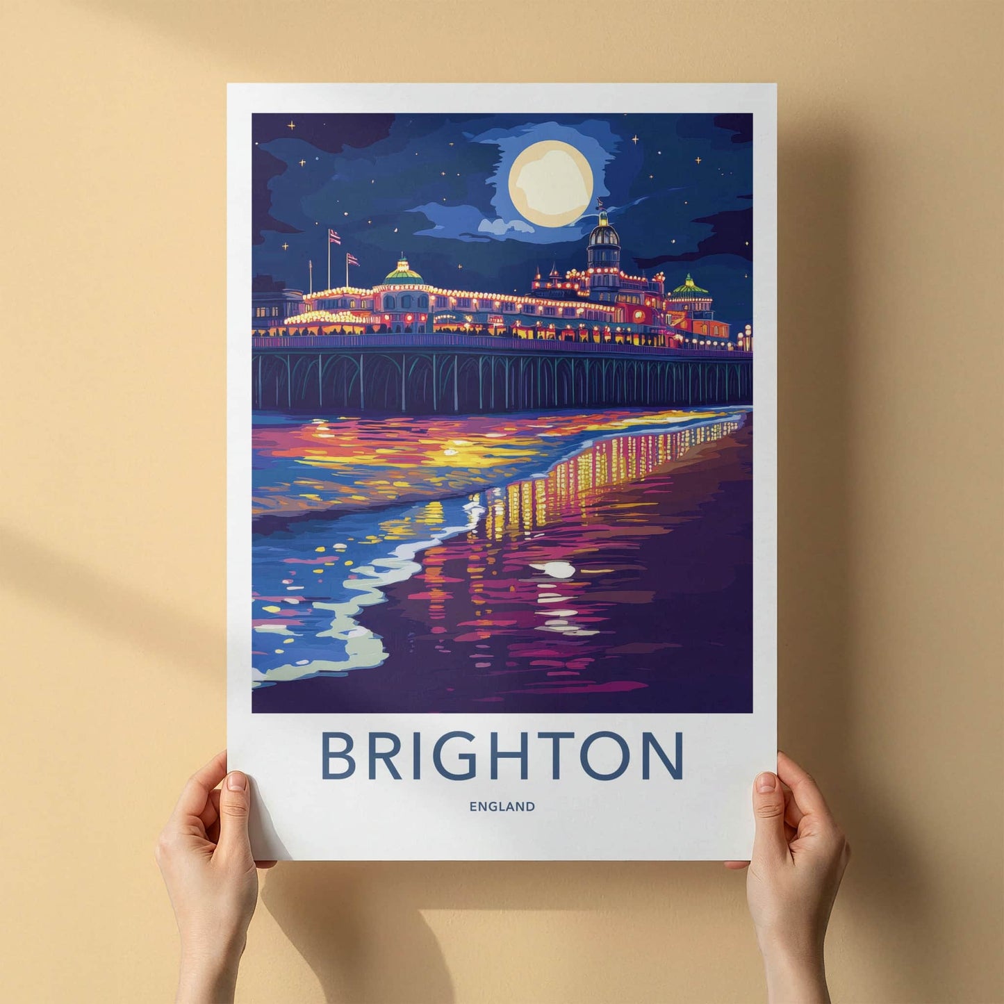 Brighton Poster - England Travel Print - Pier Night Reflections Lounge Decor