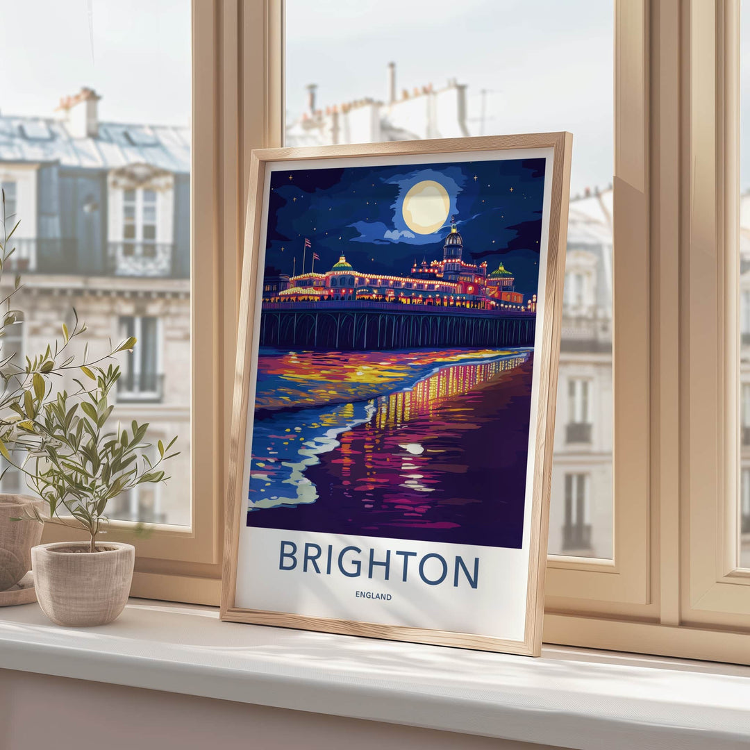 Brighton Poster - England Travel Print - Pier Night Reflections Lounge Decor