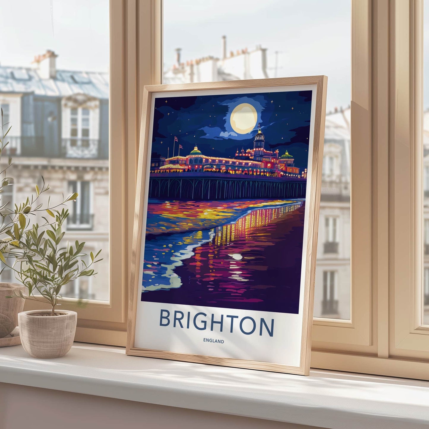 Brighton Poster - England Travel Print - Pier Night Reflections Lounge Decor