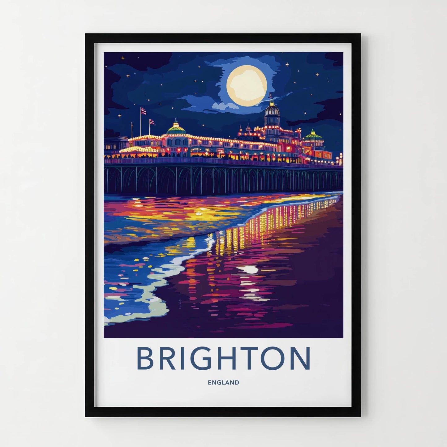 Brighton Poster - England Travel Print - Pier Night Reflections Lounge Decor