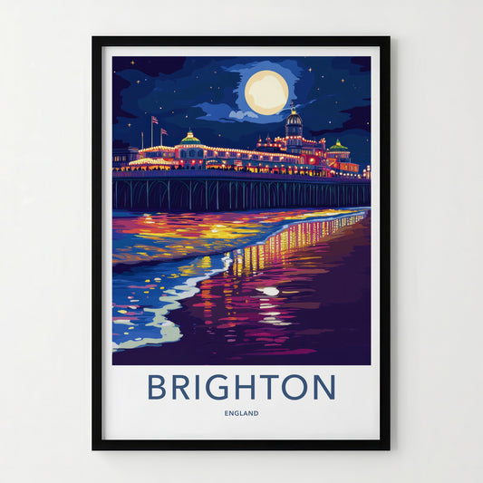 Brighton Poster - England Travel Print - Pier Night Reflections Lounge Decor