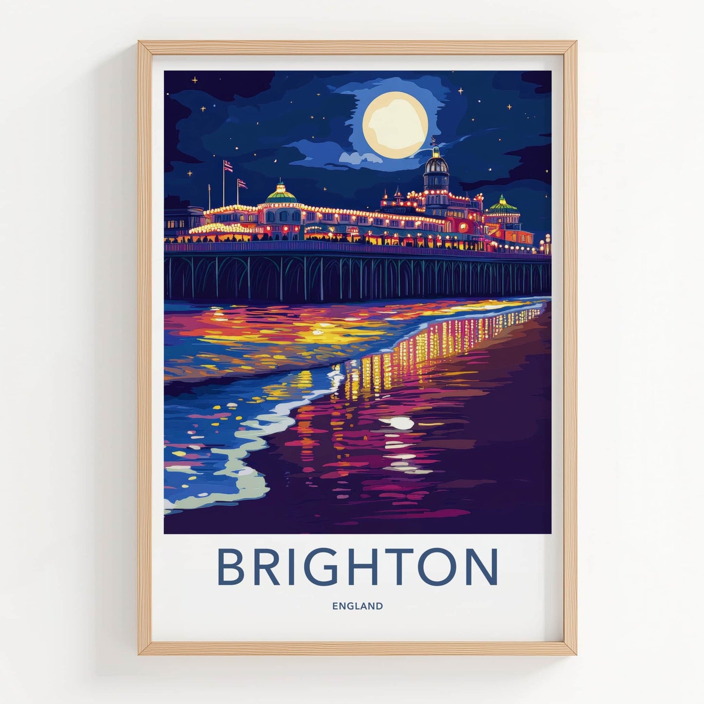 Brighton Poster - England Travel Print - Pier Night Reflections Lounge Decor