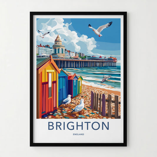Brighton Poster - England Wall Art - Colorful Beach Huts Home Decor