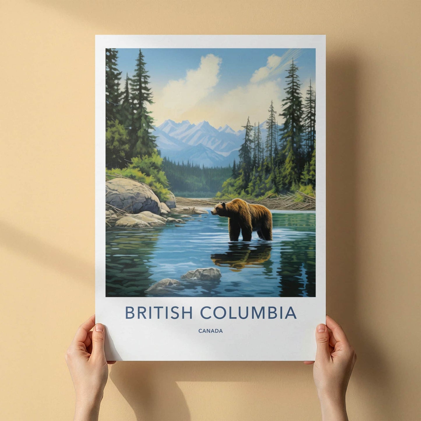 British Columbia Poster - Canada Travel Art - Grizzly Bear River Home Decor