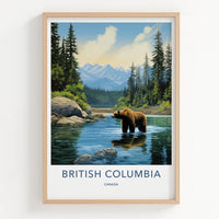 British Columbia Poster - Canada Travel Art - Grizzly Bear River Home Decor