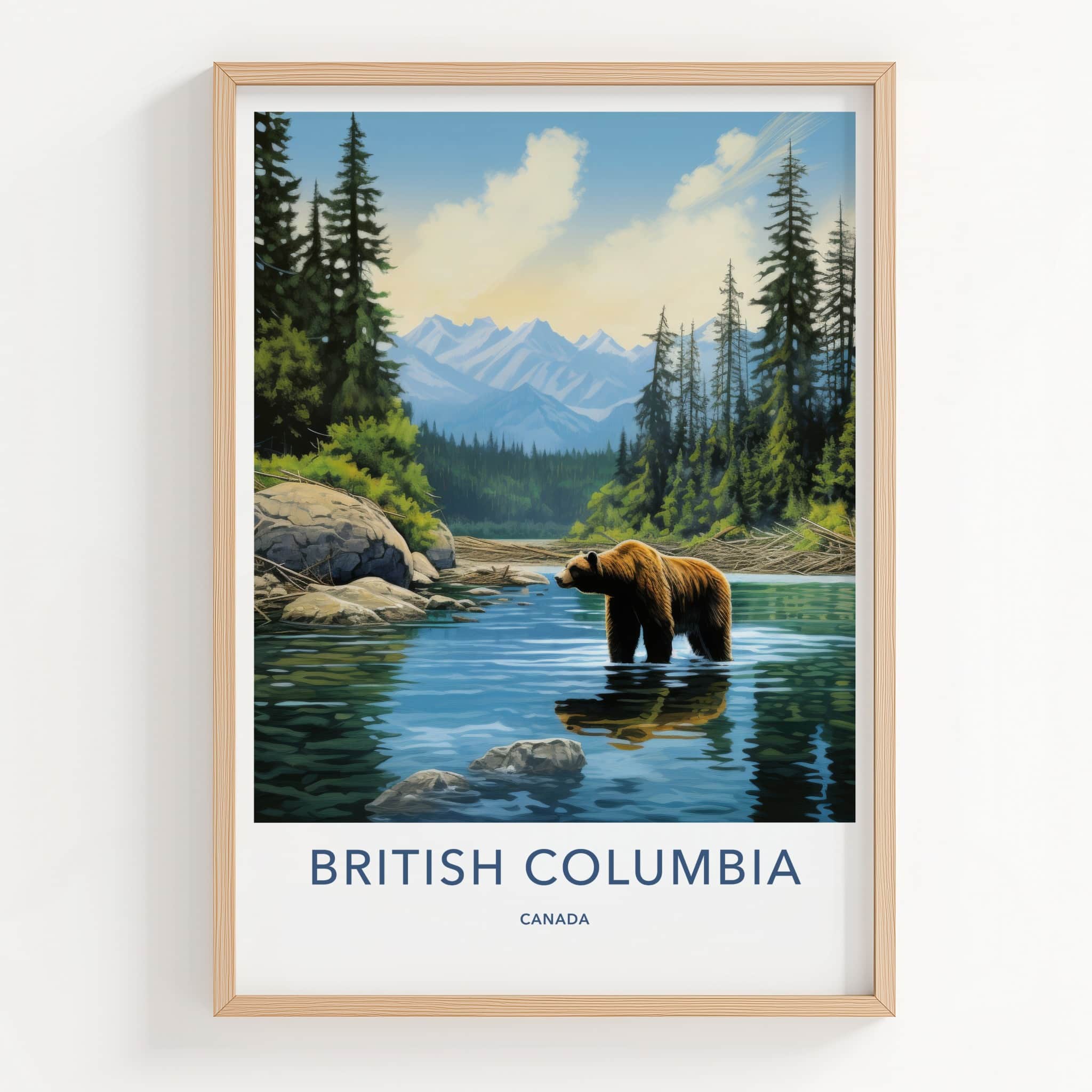 British Columbia Poster - Canada Travel Art - Grizzly Bear River Home Decor