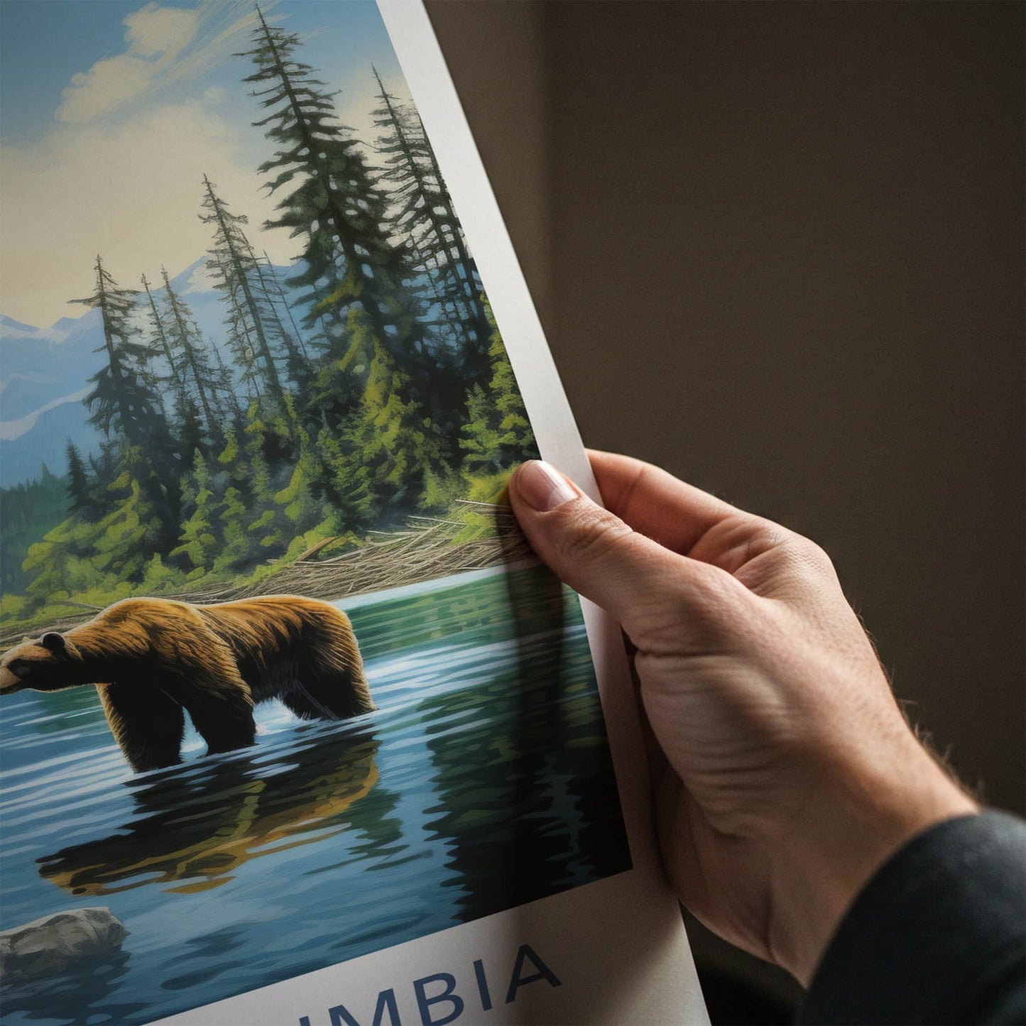 British Columbia Poster - Canada Travel Art - Grizzly Bear River Home Decor