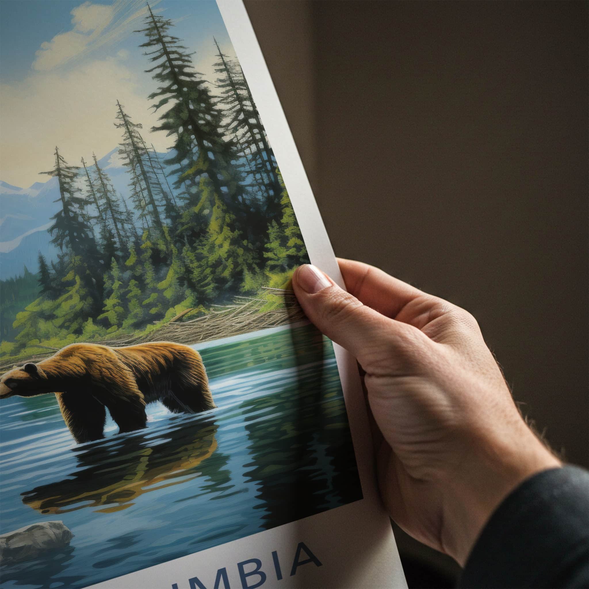 British Columbia Poster - Canada Travel Art - Grizzly Bear River Home Decor