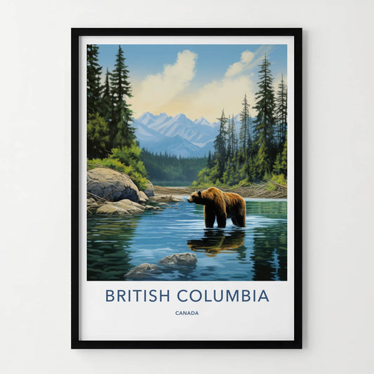 British Columbia Poster - Canada Travel Art - Grizzly Bear River Home Decor