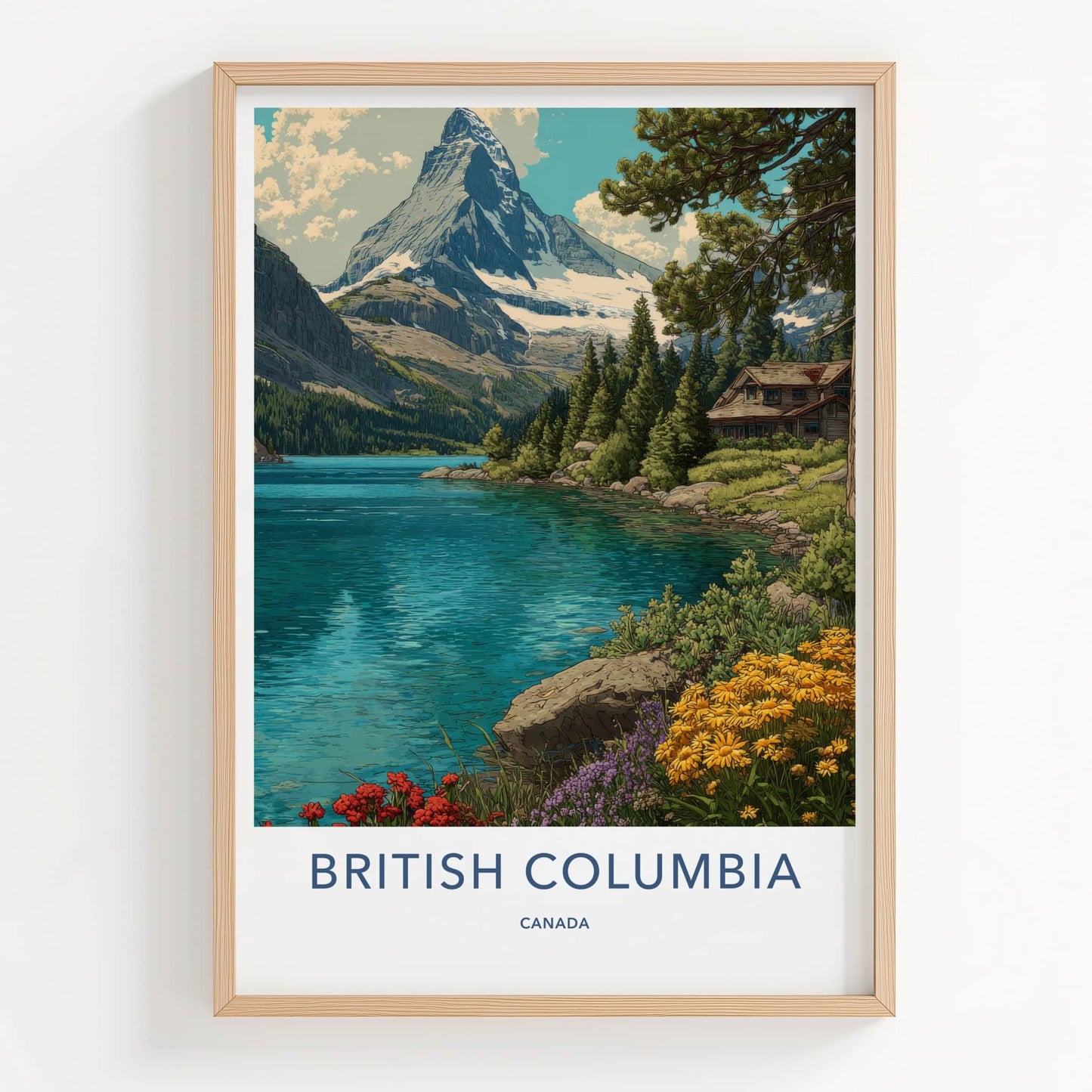 British Columbia Poster - Canada Travel Art - Snowy Mountain Lake Home Decor