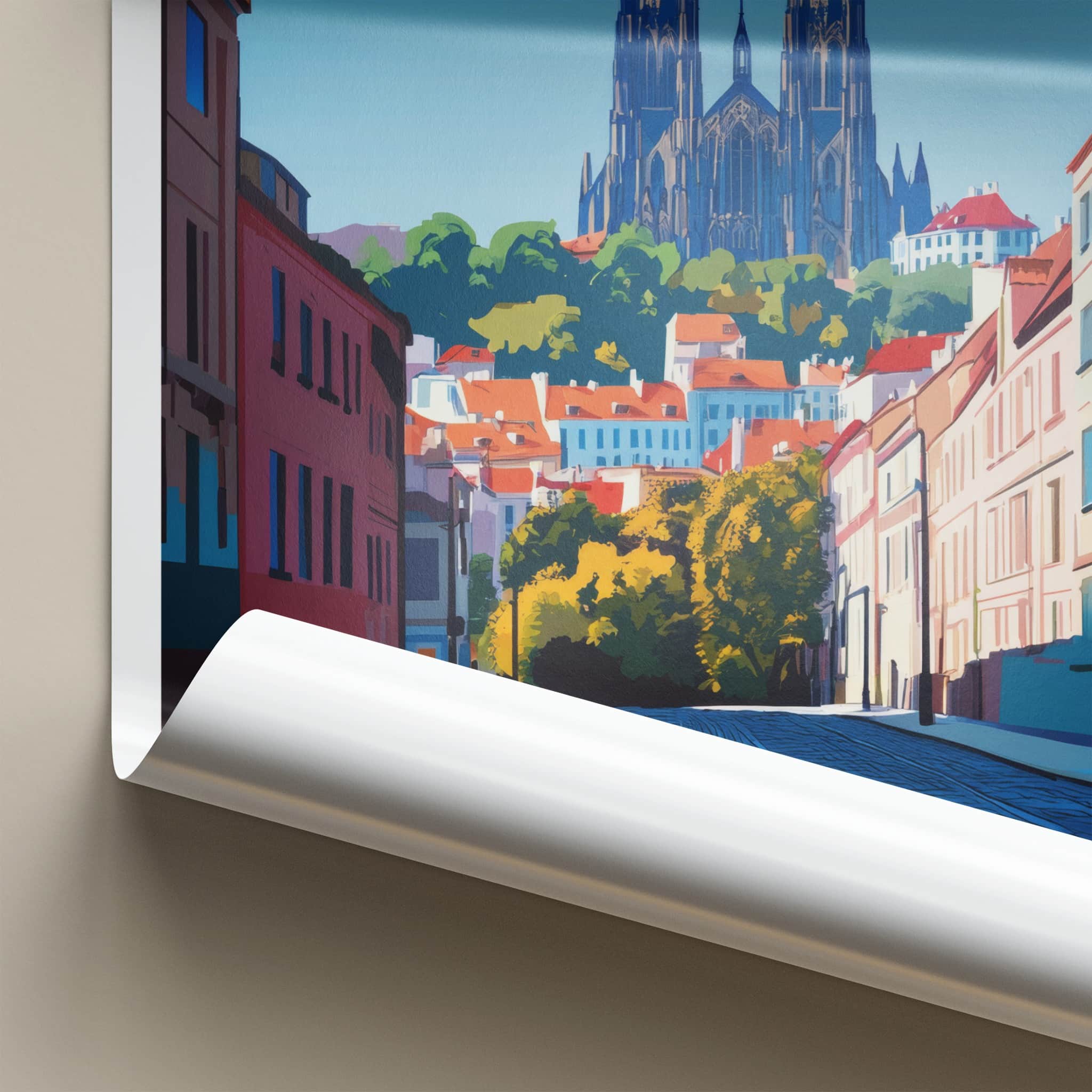 Brno Poster - Czech Republic Travel Art - Cobblestone Street Church Wall Decor
