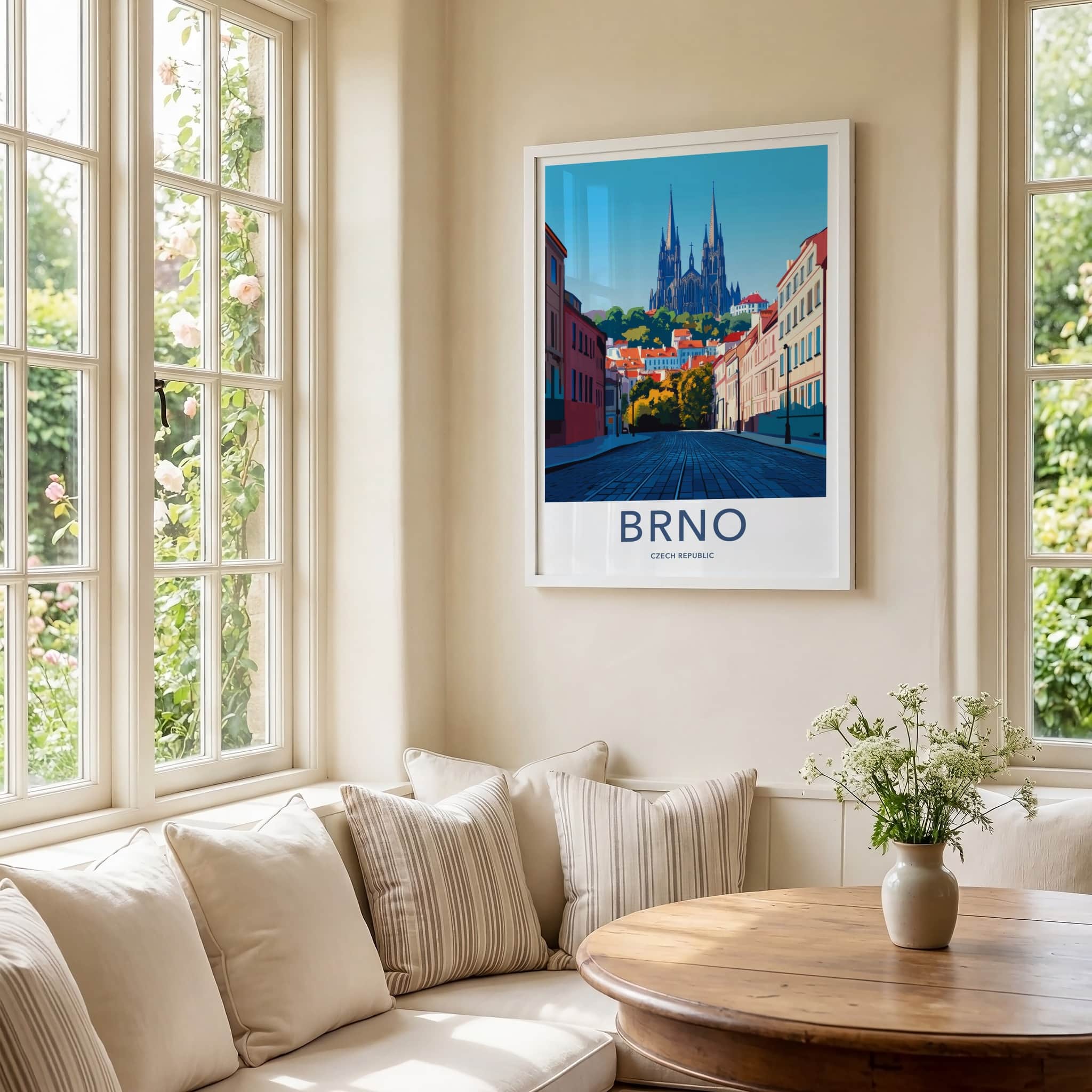 Brno Poster - Czech Republic Travel Art - Cobblestone Street Church Wall Decor
