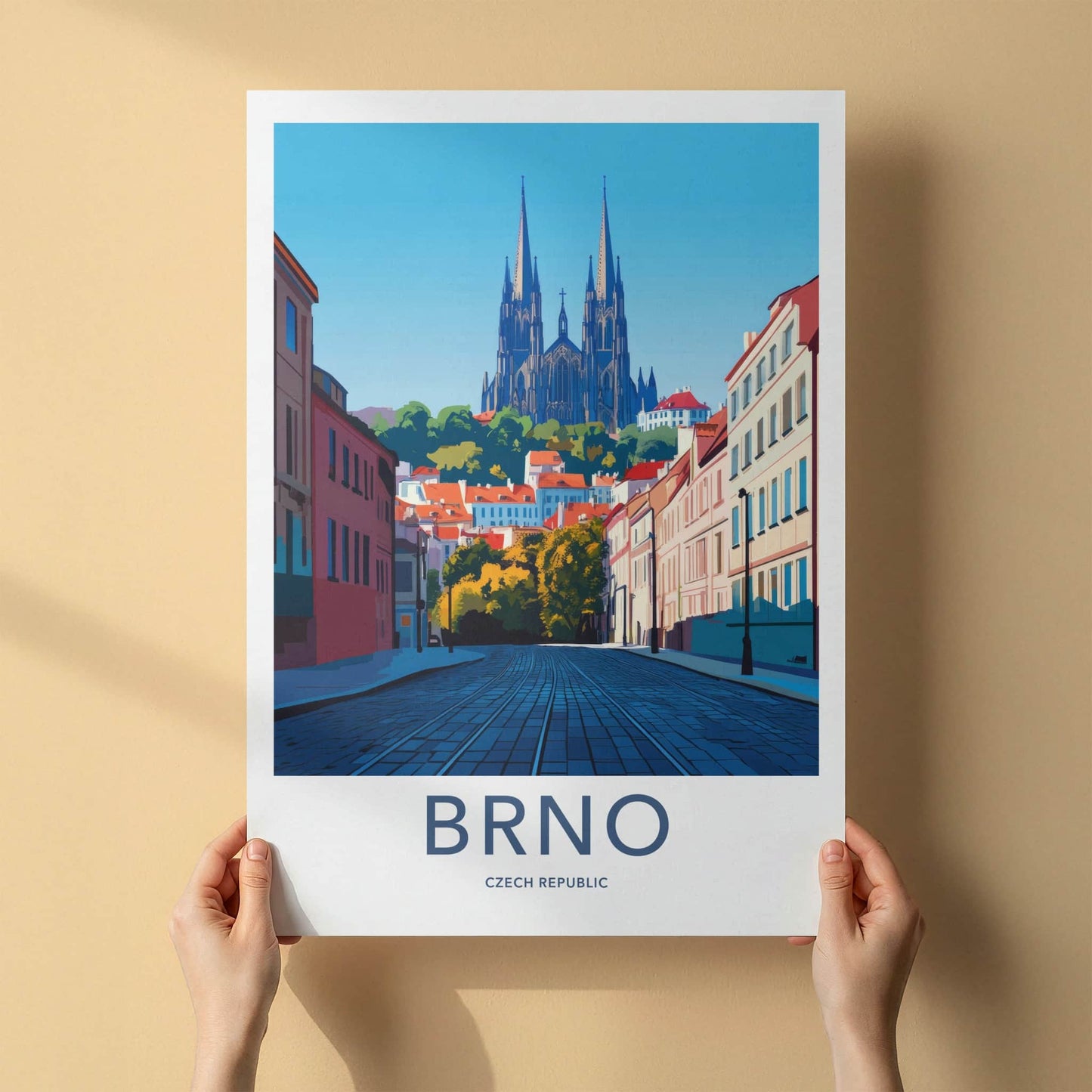 Brno Poster - Czech Republic Travel Art - Cobblestone Street Church Wall Decor