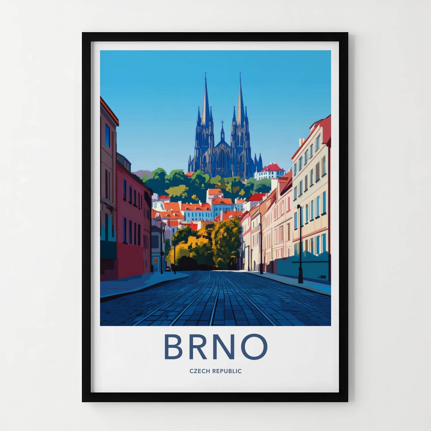Brno Poster - Czech Republic Travel Art - Cobblestone Street Church Wall Decor