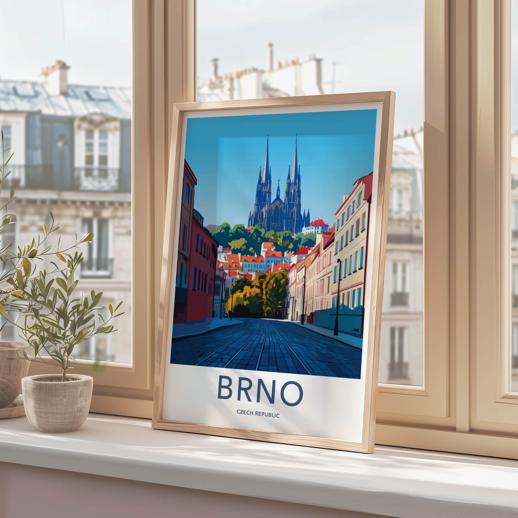 Brno Poster - Czech Republic Travel Art - Cobblestone Street Church Wall Decor