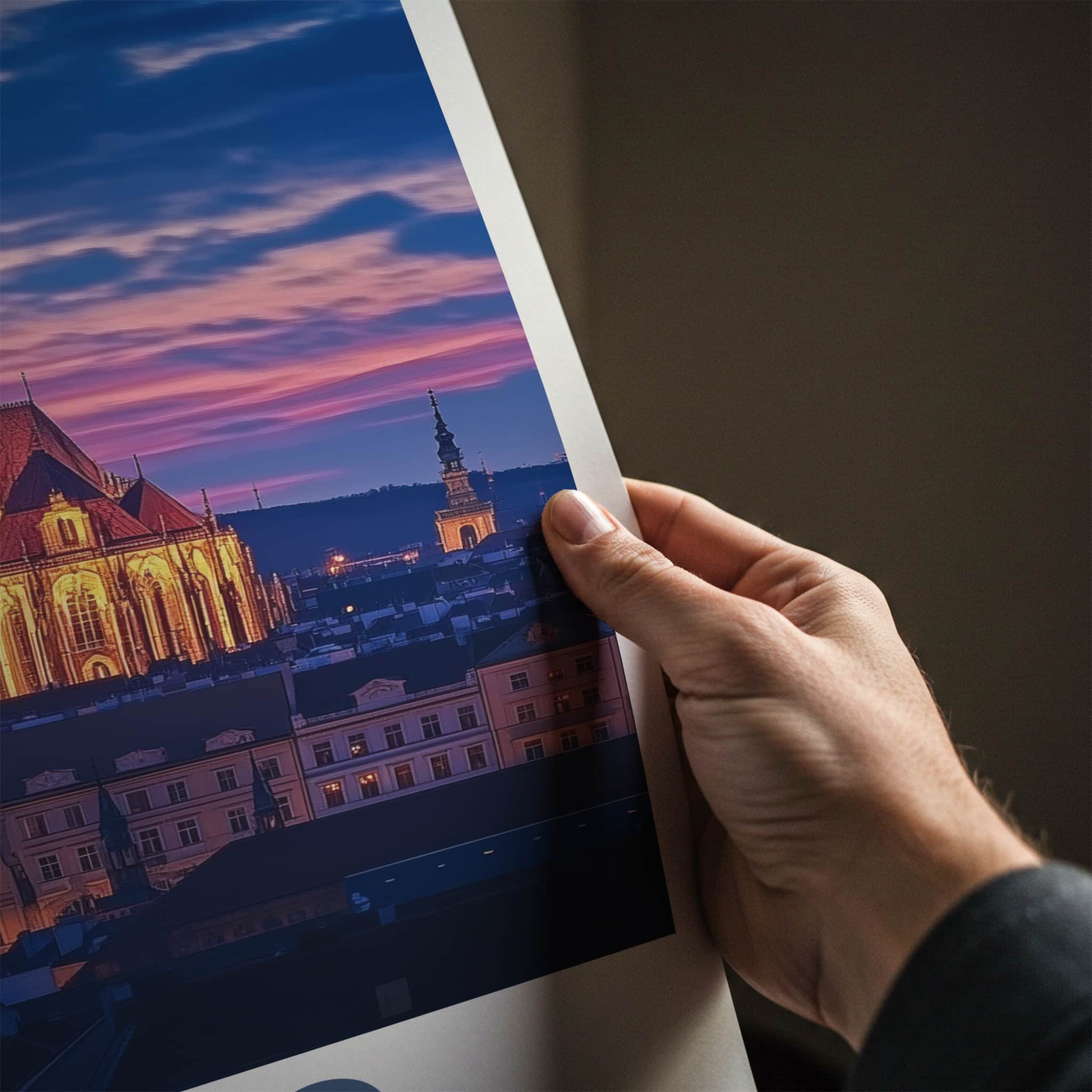 Brno Poster - Czech Republic Travel Art - Illuminated Cathedral Sunset Home Decor