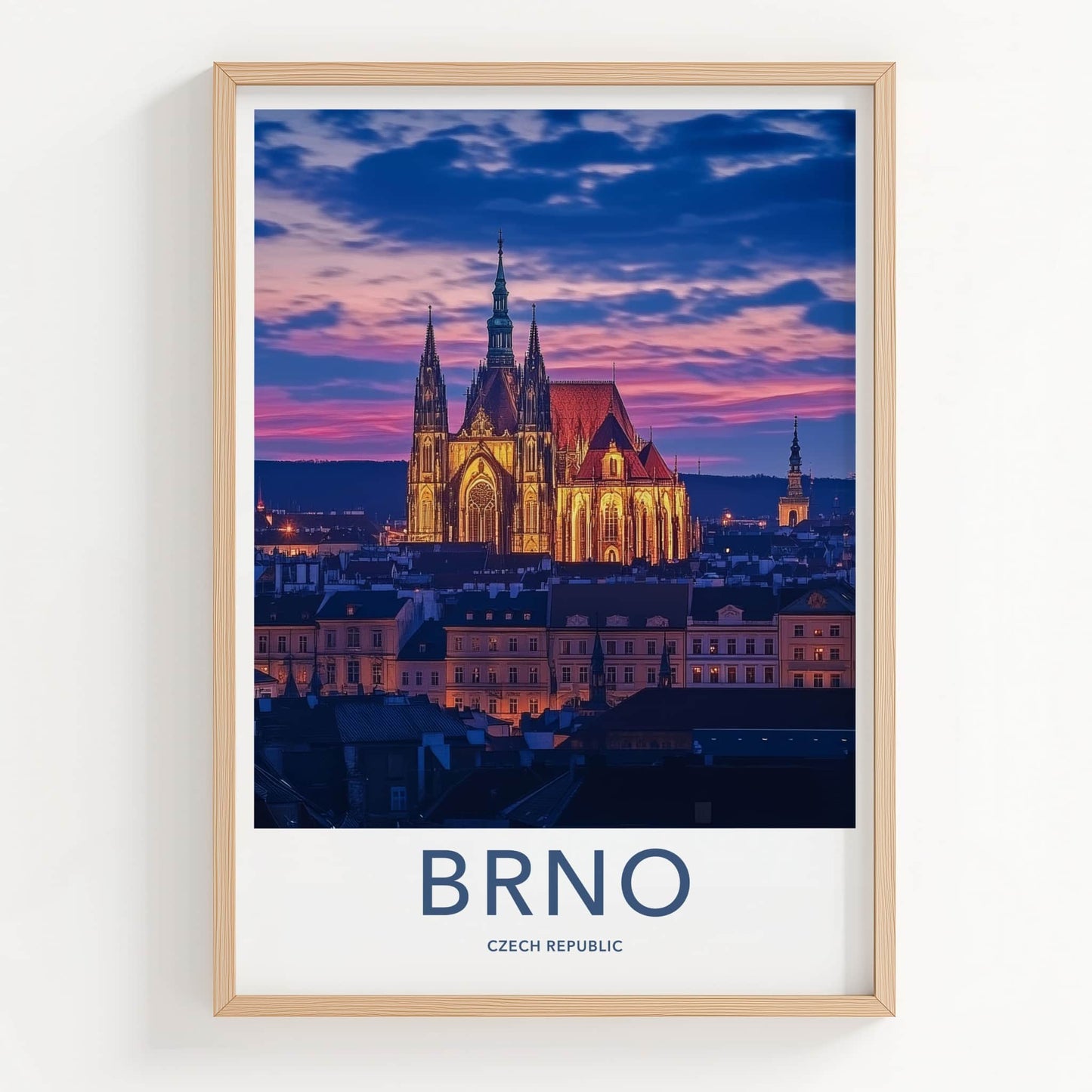 Brno Poster - Czech Republic Travel Art - Illuminated Cathedral Sunset Home Decor