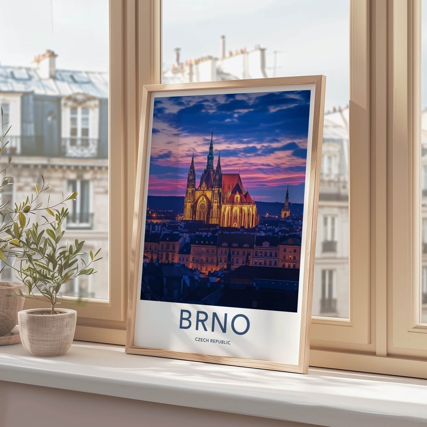 Brno Poster - Czech Republic Travel Art - Illuminated Cathedral Sunset Home Decor