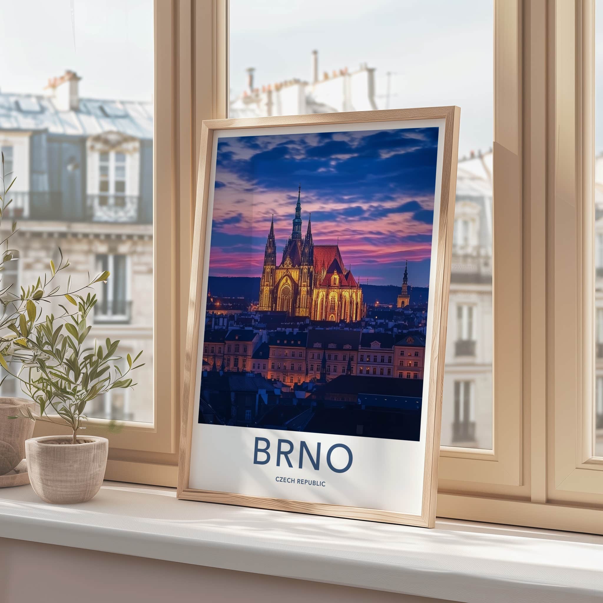 Brno Poster - Czech Republic Travel Art - Illuminated Cathedral Sunset Home Decor