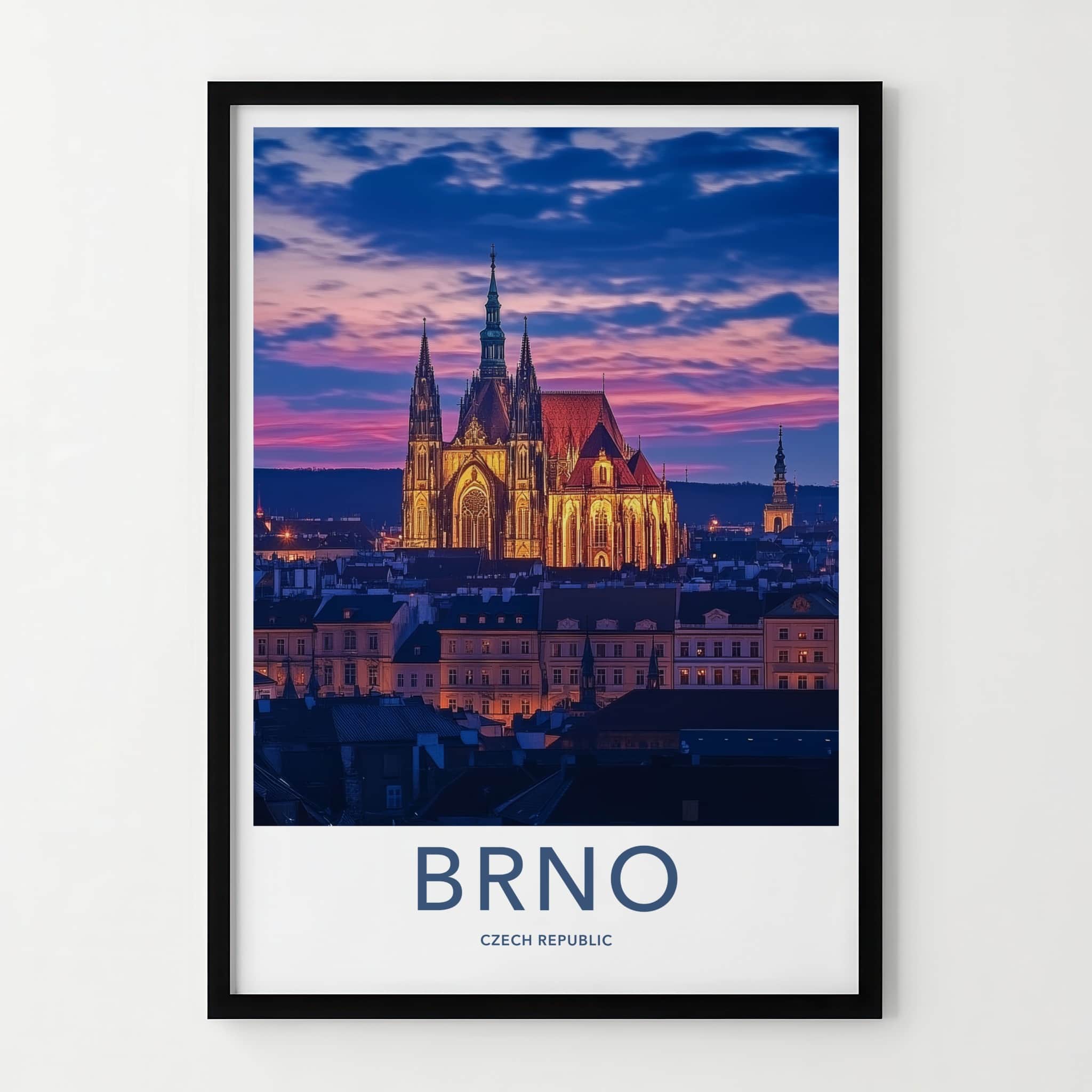 Brno Poster - Czech Republic Travel Art - Illuminated Cathedral Sunset Home Decor