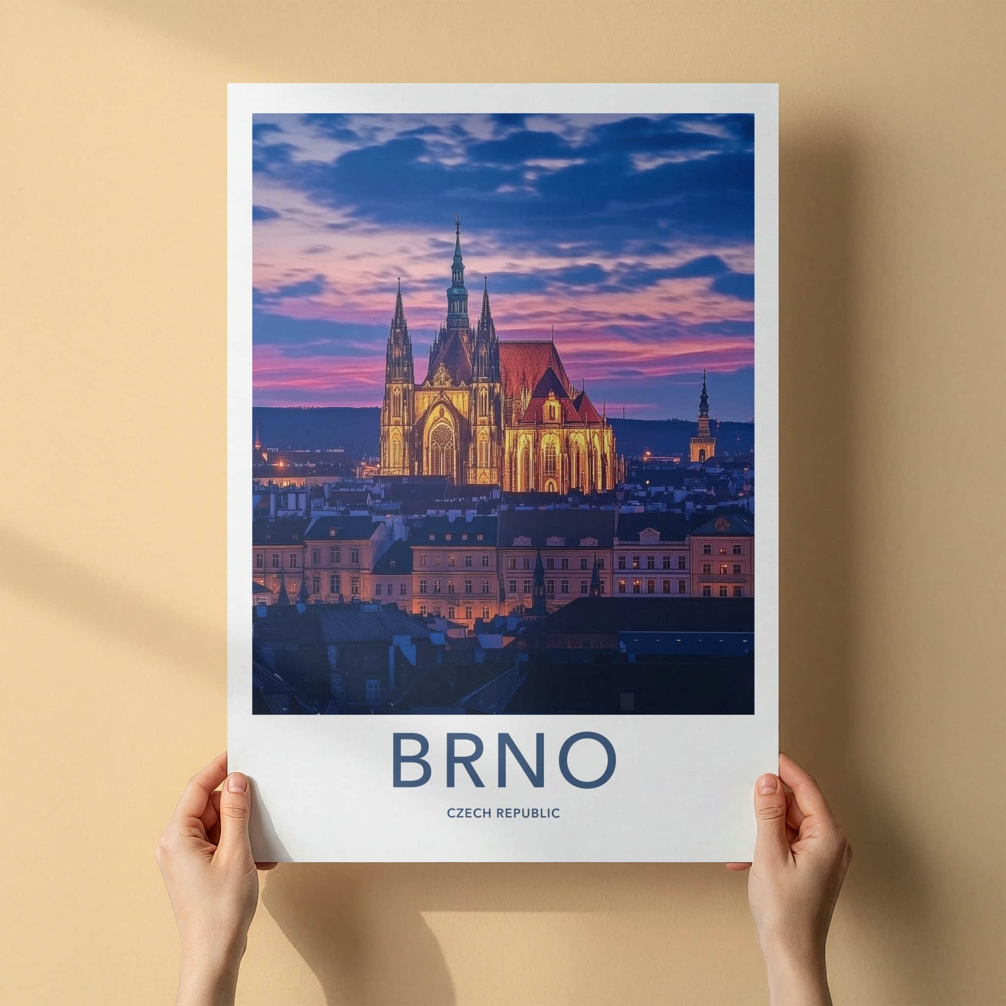 Brno Poster - Czech Republic Travel Art - Illuminated Cathedral Sunset Home Decor