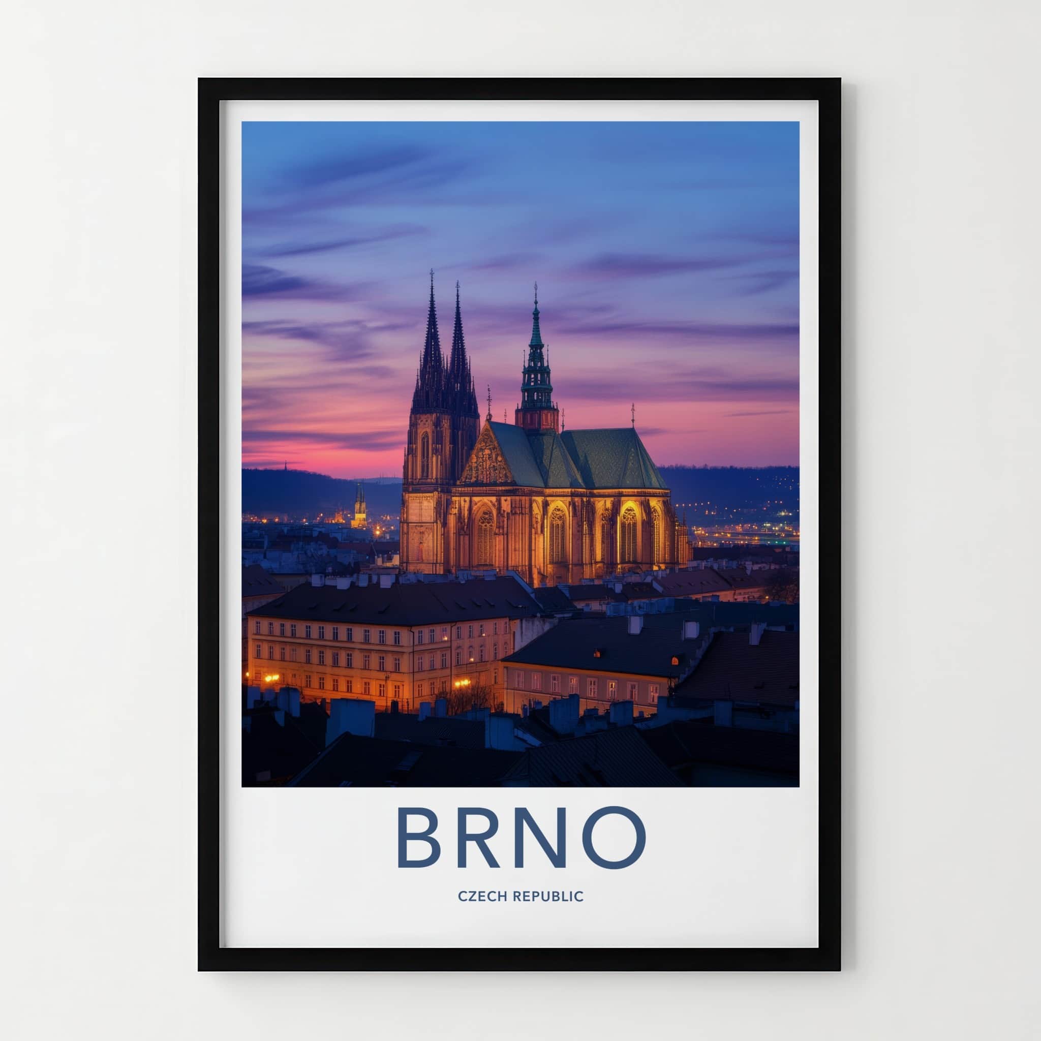 Brno Poster - Czech Republic Travel Art - Illuminated Gothic Cathedral Wall Decor