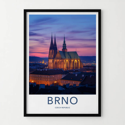 Brno Poster - Czech Republic Travel Art - Illuminated Gothic Cathedral Wall Decor