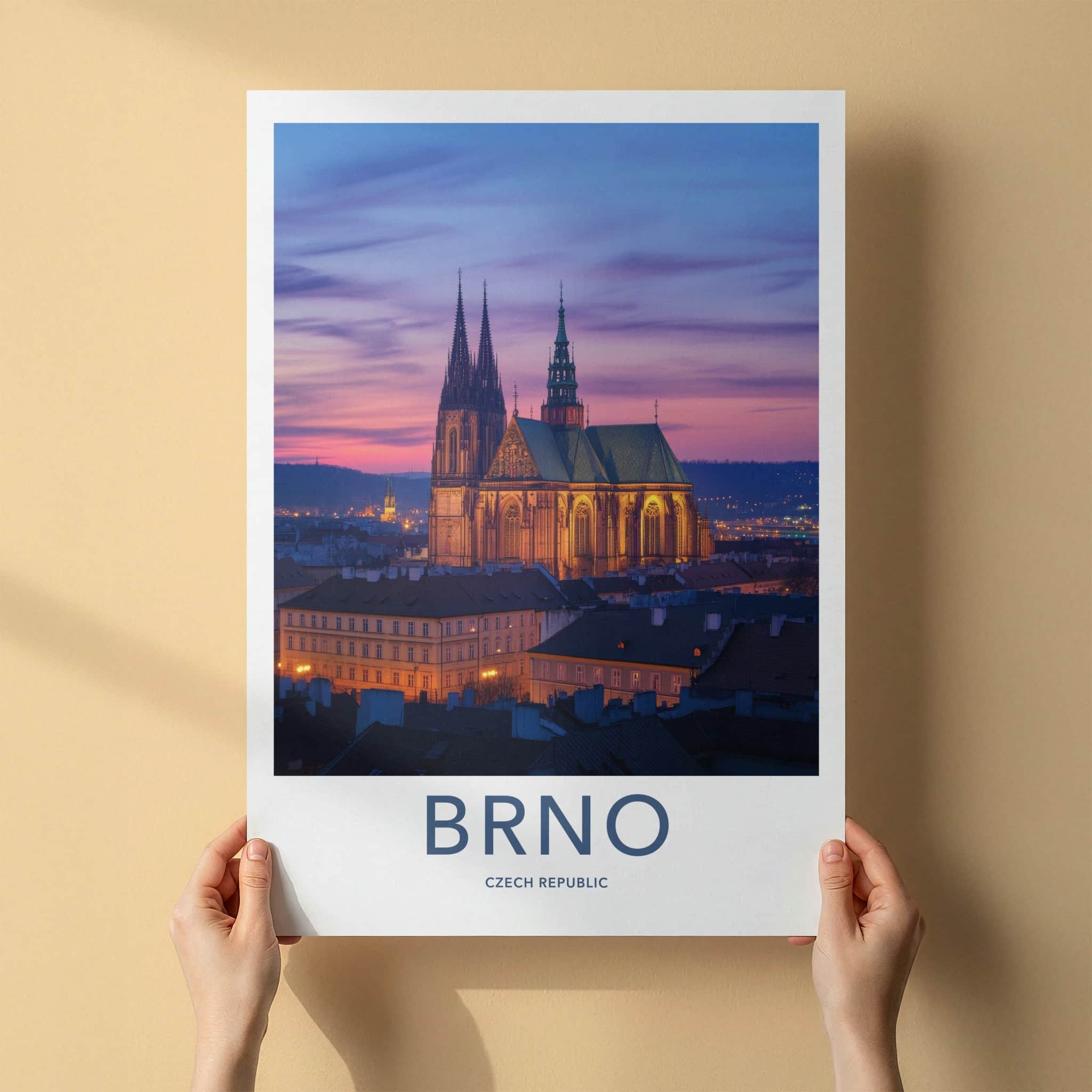 Brno Poster - Czech Republic Travel Art - Illuminated Gothic Cathedral Wall Decor