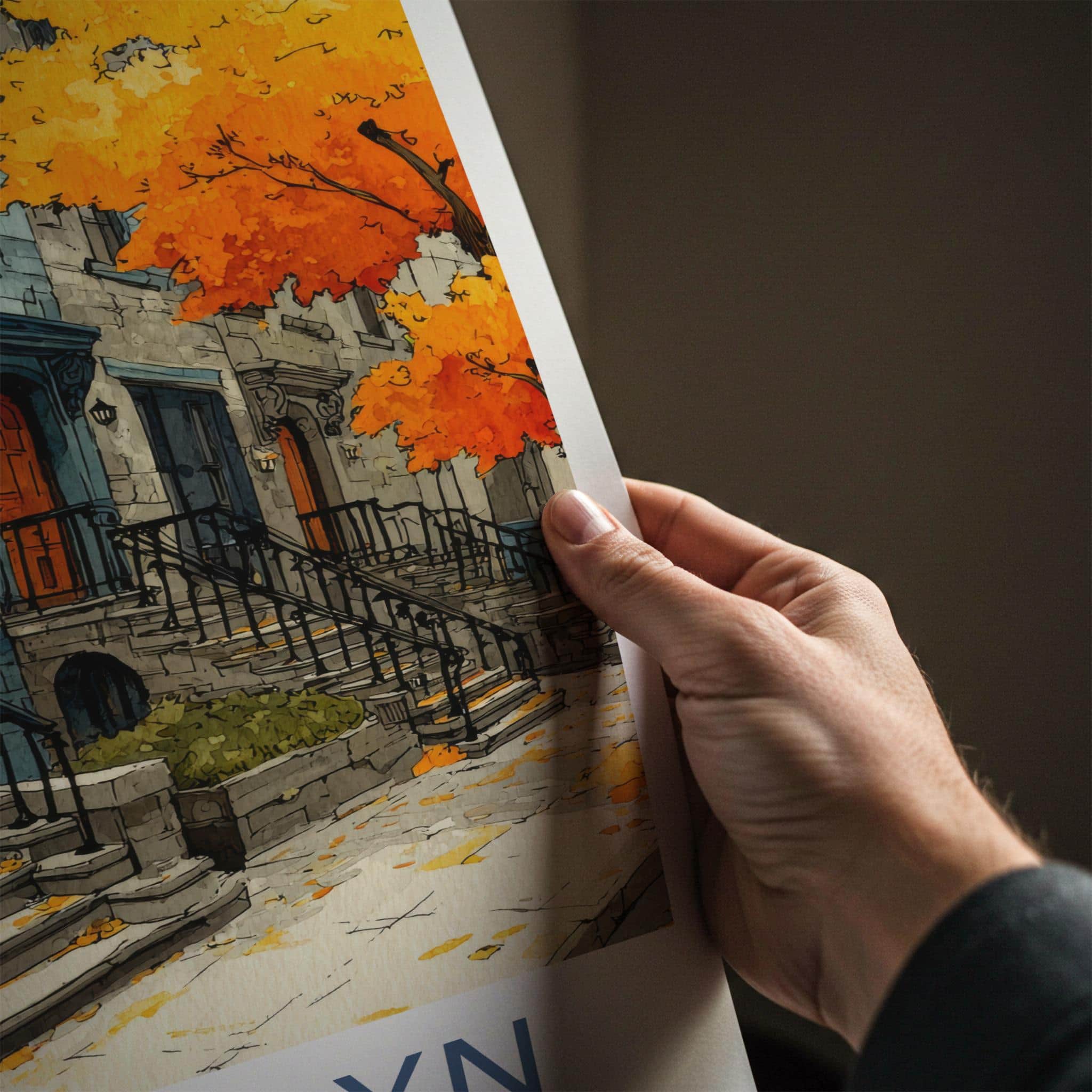 Brooklyn Poster - New York Scenic Art - Autumn Brownstone Stoops Home Decor