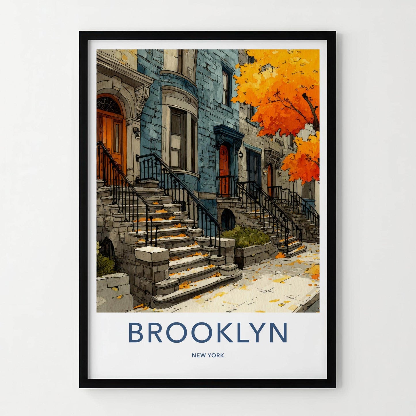 Brooklyn Poster - New York Scenic Art - Autumn Brownstone Stoops Home Decor