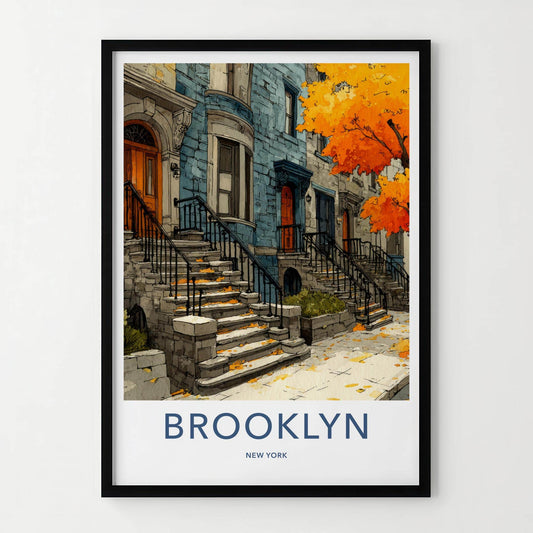 Brooklyn Poster - New York Scenic Art - Autumn Brownstone Stoops Home Decor