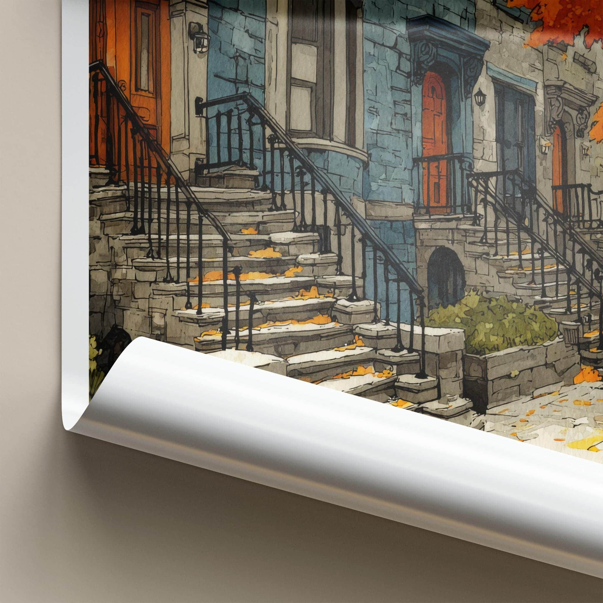 Brooklyn Poster - New York Scenic Art - Autumn Brownstone Stoops Home Decor