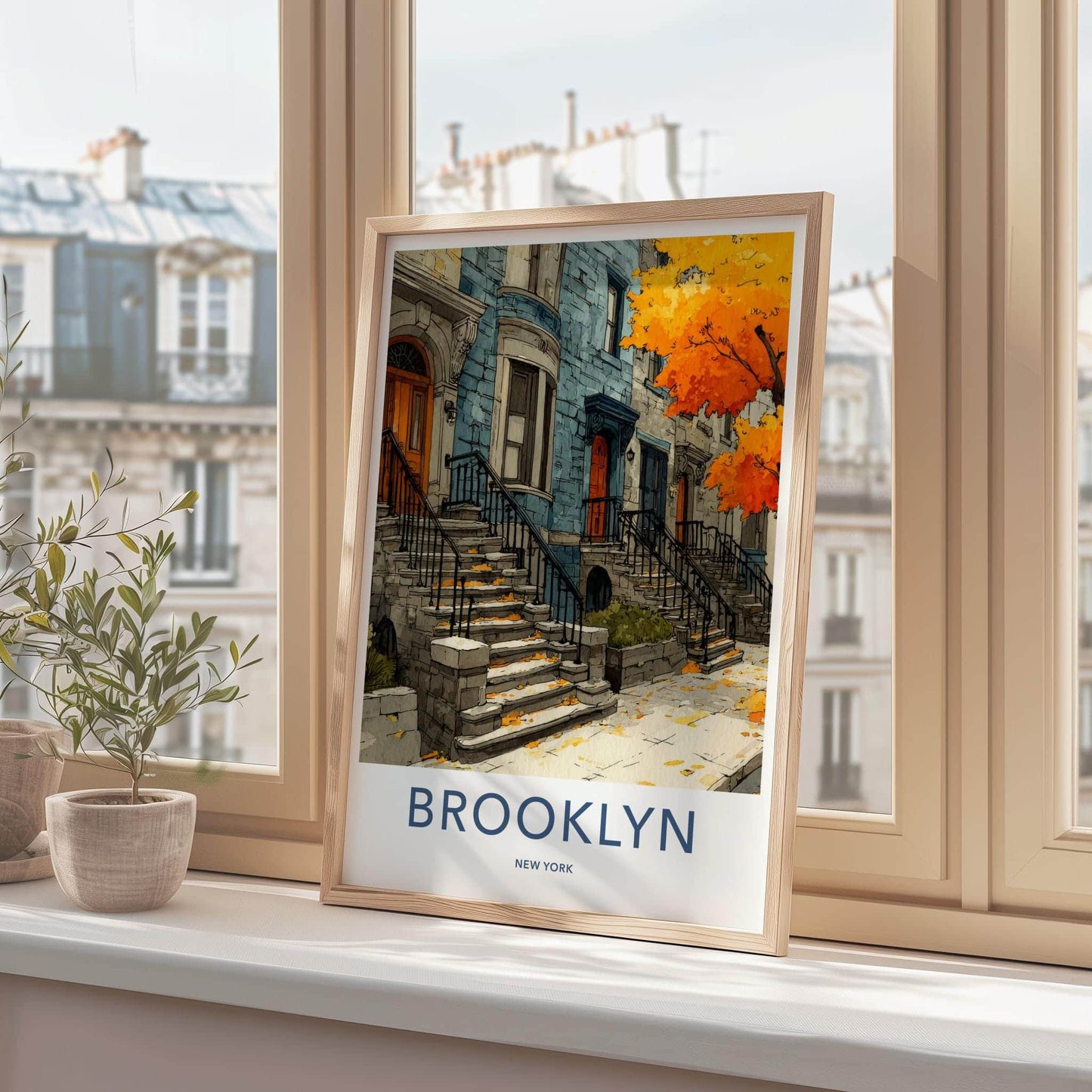 Brooklyn Poster - New York Scenic Art - Autumn Brownstone Stoops Home Decor