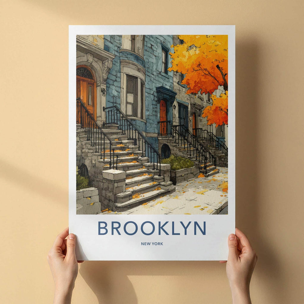 Brooklyn Poster - New York Scenic Art - Autumn Brownstone Stoops Home Decor