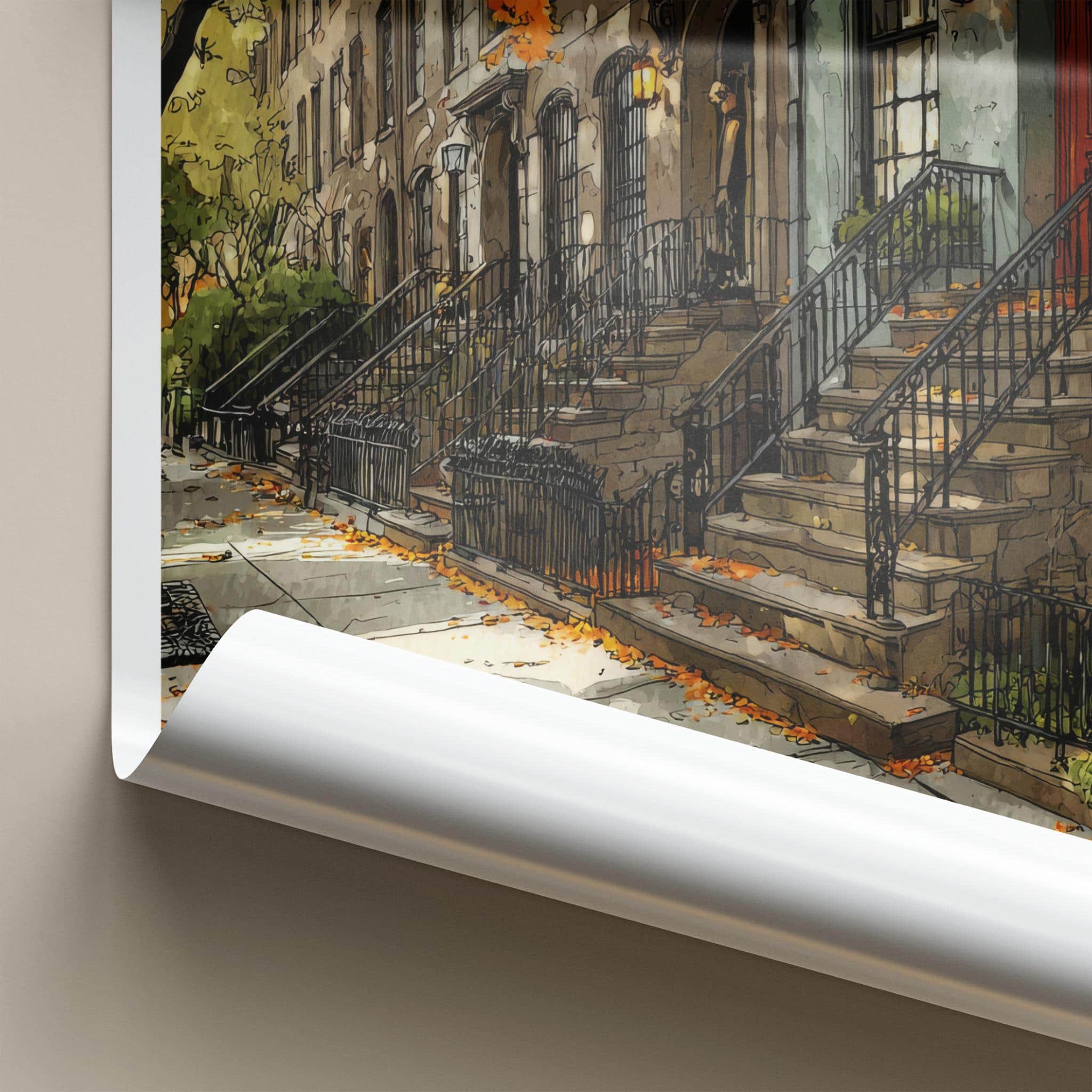 Brooklyn Poster - New York Travel Art - Autumn Brownstone Street Home Decor
