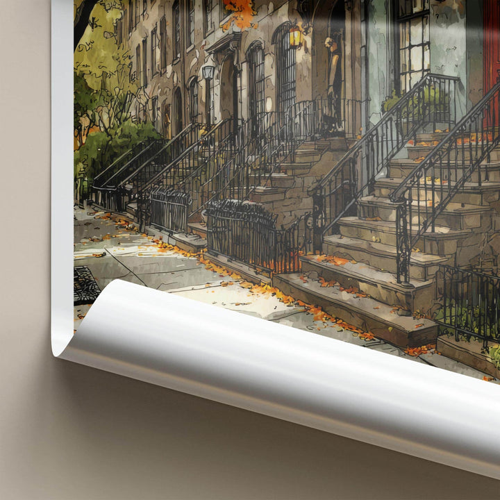 Brooklyn Poster - New York Travel Art - Autumn Brownstone Street Home Decor