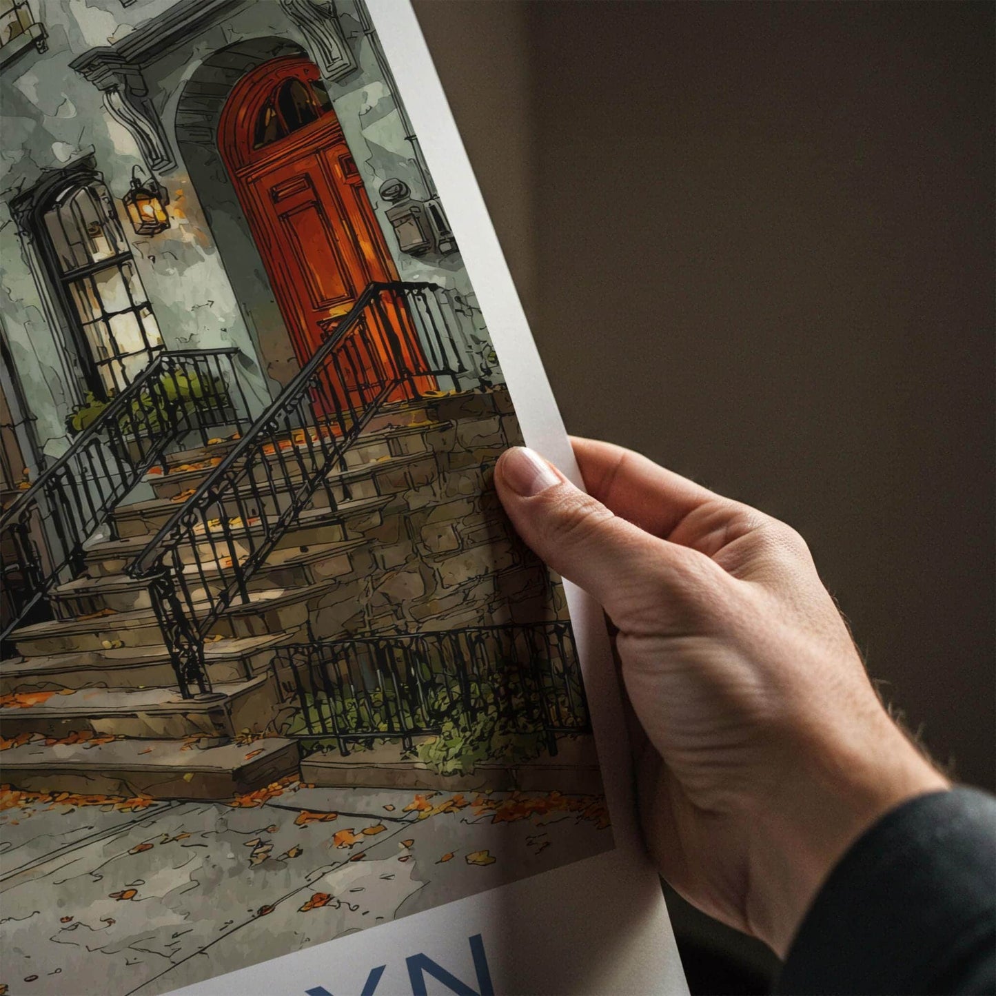 Brooklyn Poster - New York Travel Art - Autumn Brownstone Street Home Decor