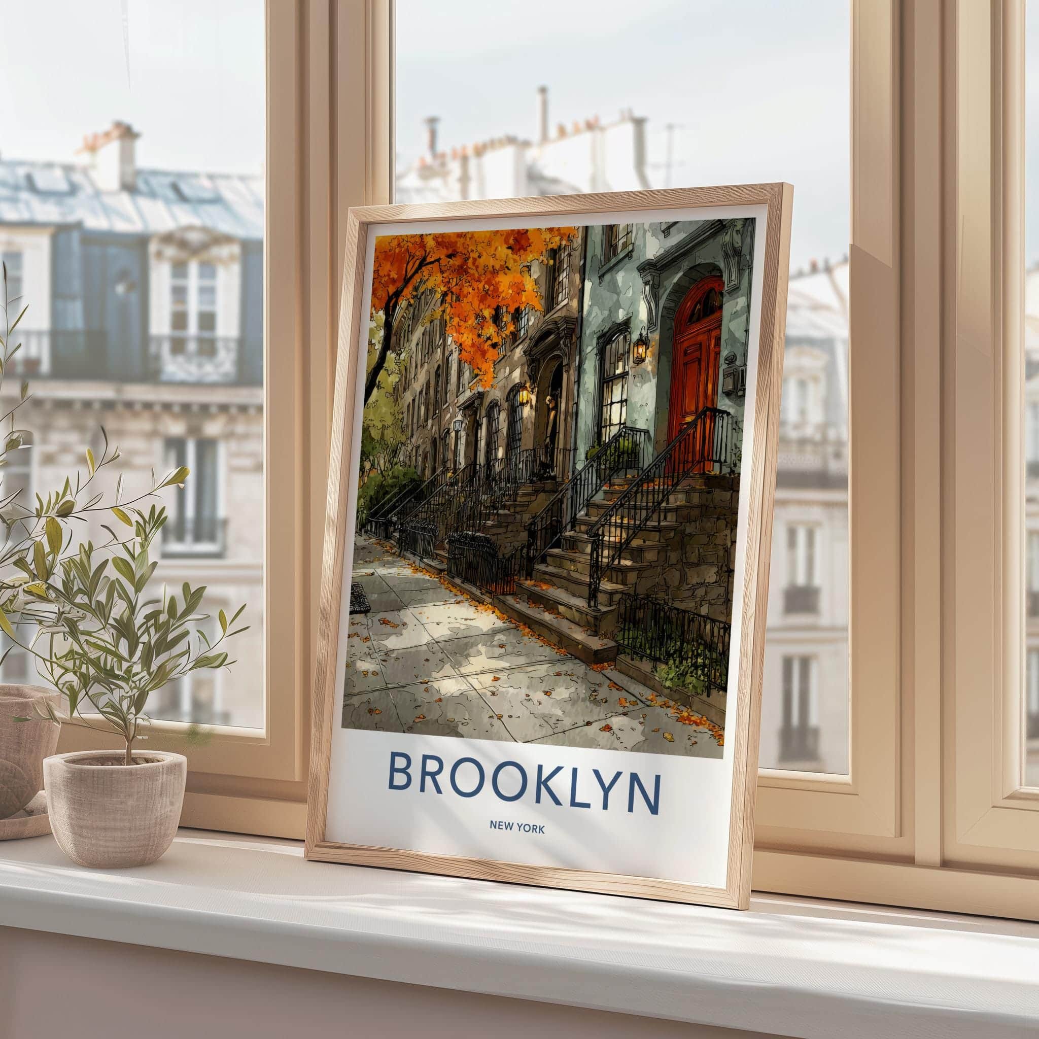 Brooklyn Poster - New York Travel Art - Autumn Brownstone Street Home Decor