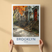 Brooklyn Poster - New York Travel Art - Autumn Brownstone Street Home Decor
