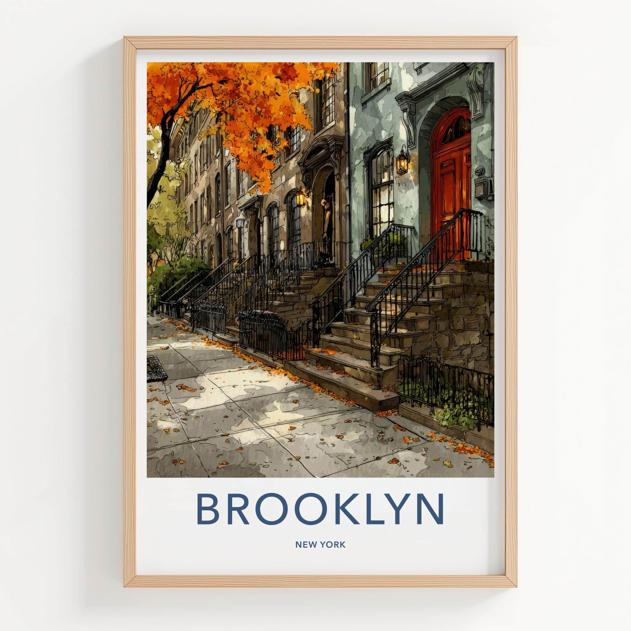 Brooklyn Poster - New York Travel Art - Autumn Brownstone Street Home Decor