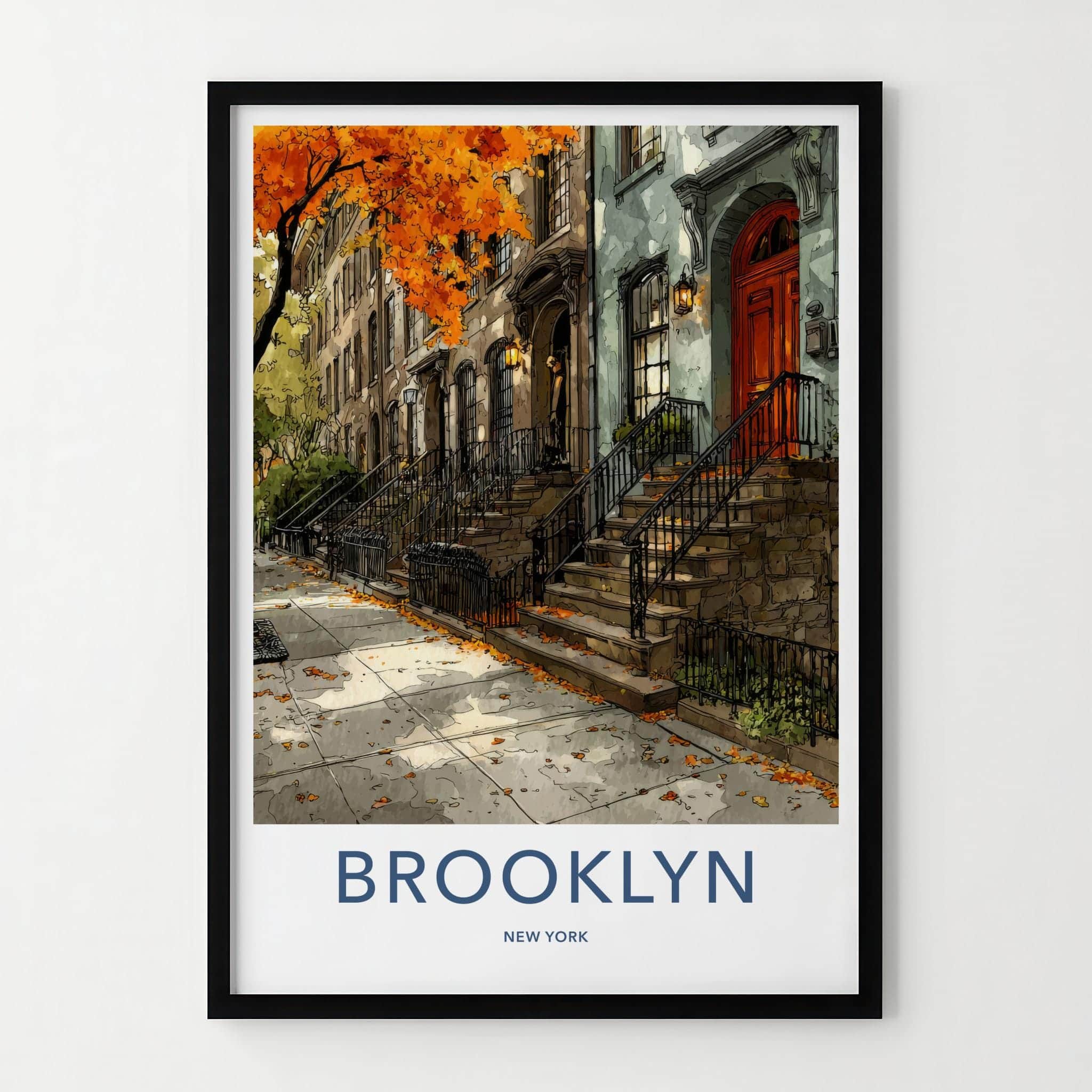 Brooklyn Poster - New York Travel Art - Autumn Brownstone Street Home Decor