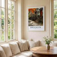 Brooklyn Poster - New York Travel Art - Autumn Brownstone Street Home Decor