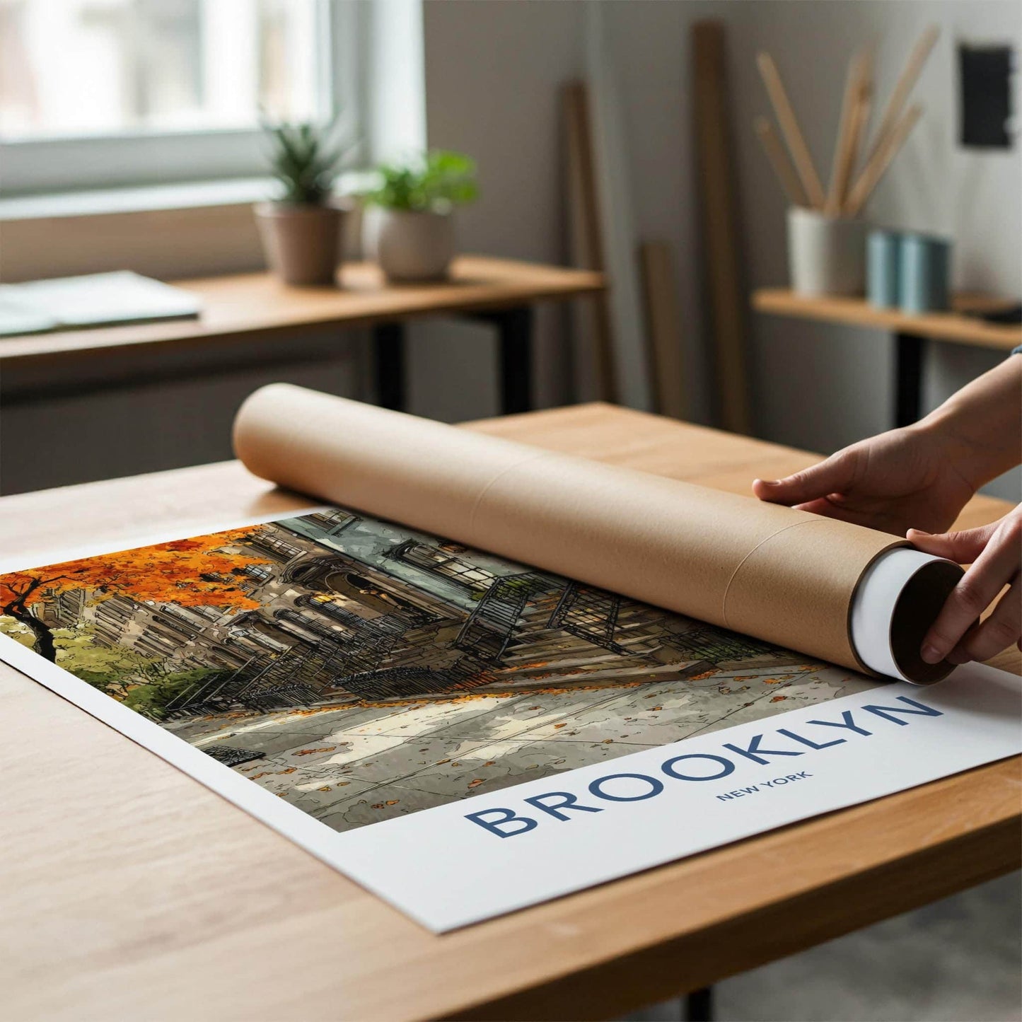 Brooklyn Poster - New York Travel Art - Autumn Brownstone Street Home Decor