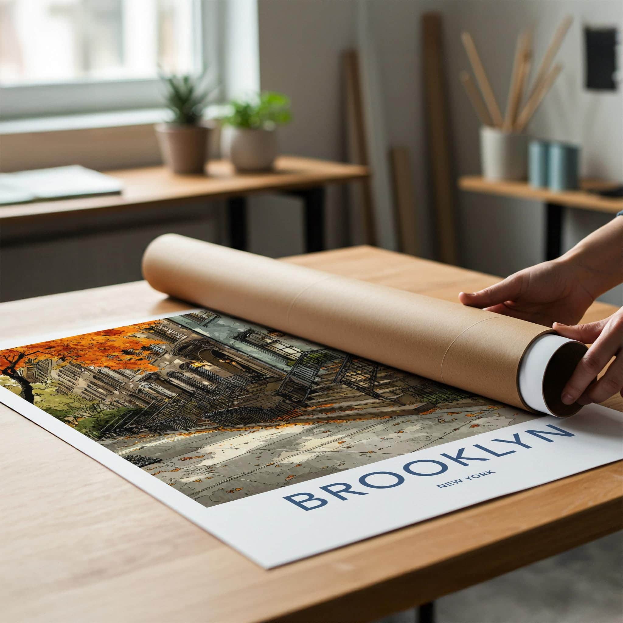 Brooklyn Poster - New York Travel Art - Autumn Brownstone Street Home Decor
