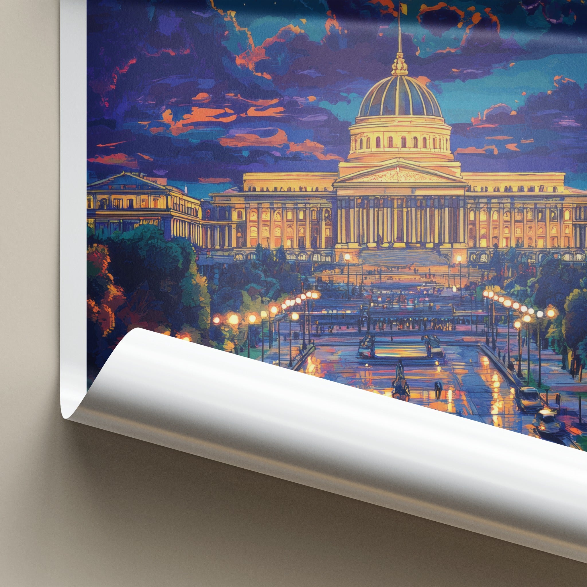 Bucharest Poster - Romania Travel Art - Illuminated Palace Night Home Decor
