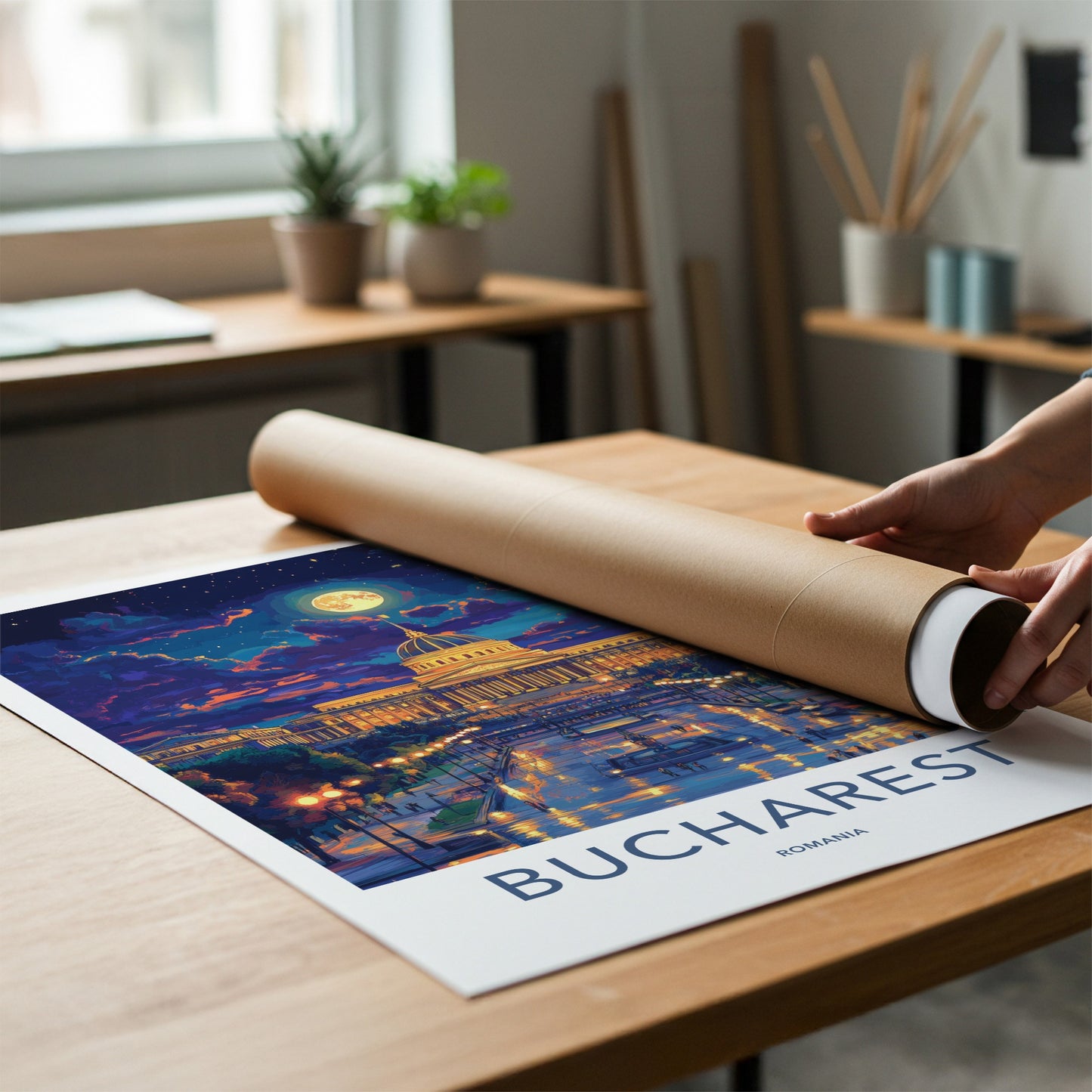 Bucharest Poster - Romania Travel Art - Illuminated Palace Night Home Decor