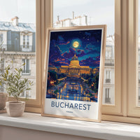 Bucharest Poster - Romania Travel Art - Illuminated Palace Night Home Decor