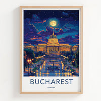 Bucharest Poster - Romania Travel Art - Illuminated Palace Night Home Decor