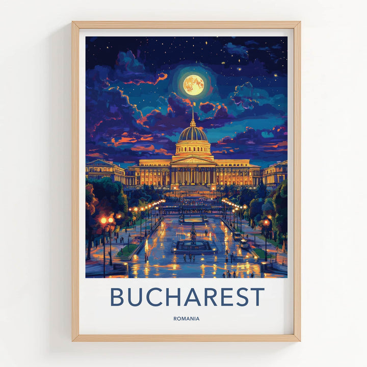 Bucharest Poster - Romania Travel Art - Illuminated Palace Night Home Decor