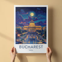 Bucharest Poster - Romania Travel Art - Illuminated Palace Night Home Decor